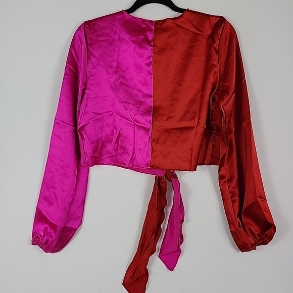 NEW JULIA by Love J Satin Red Pink Tie Front Crop Top Blouse Sz M - Picture 2 of 11